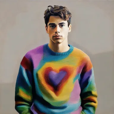 The artist created a beautiful painting of a person wearing a pullover sweater.