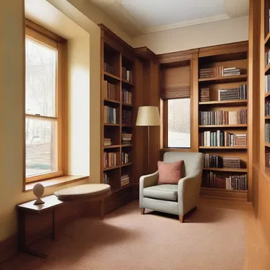 The architect included a cozy reading nook with a pullover chair in the design of the library.