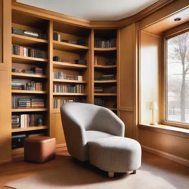 The architect included a cozy reading nook with a pullover chair in the design of the library.