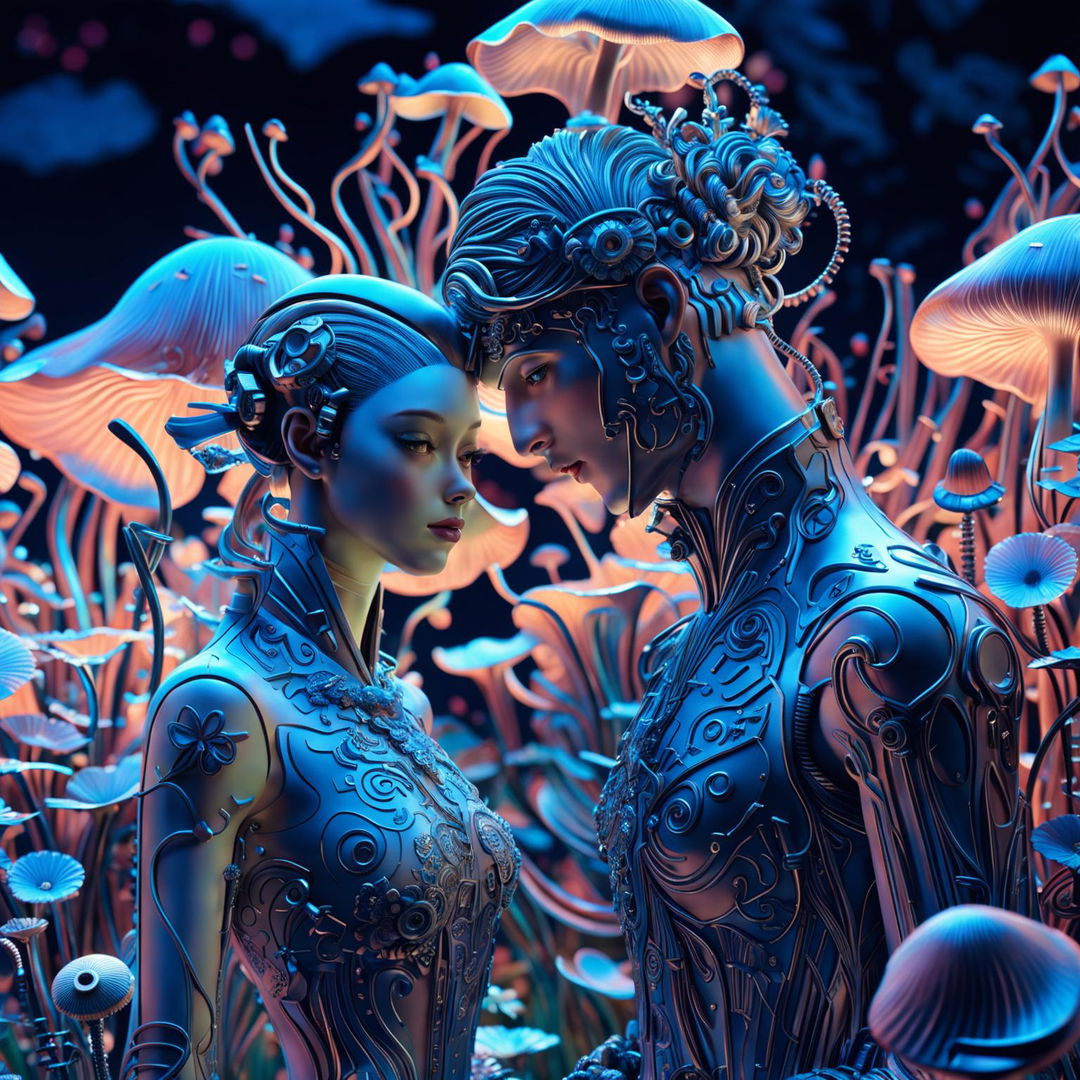 Hyper-realistic 3D rococo cyberpunk scene featuring an eerie robotic man and woman in a vibrant, mythical meadow filled with mechanical flowers and bioluminescent mushrooms. The image is a close-up, showcasing the intricate details of the characters and their surroundings.