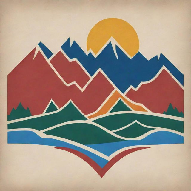 A flag design incorporating elements of mountains, hydropower plants, oil and gas exploration sites, and roadways.