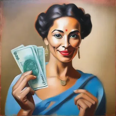 The artist painted a beautiful portrait of a woman holding a tenge in her hand.