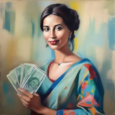 The artist painted a beautiful portrait of a woman holding a tenge in her hand.