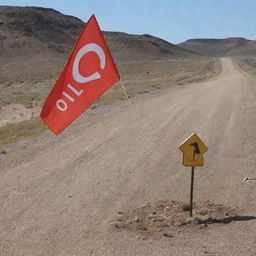 A flag showcasing oil and gas exploration symbols, along with road signs and maps.