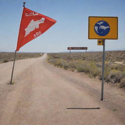 A flag showcasing oil and gas exploration symbols, along with road signs and maps.