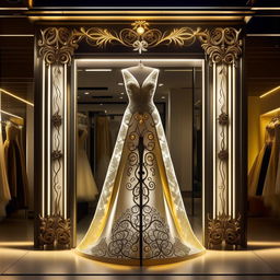 Elegant wedding dress storefront, 11x11 meters, with forged iron details, in white, black, and gold. Strong yellow lighting, with an intricate wedding dress design on the sign.