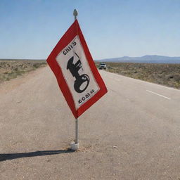 A flag showcasing oil and gas exploration symbols, along with road signs and maps.