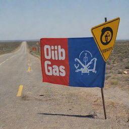 A flag showcasing oil and gas exploration symbols, along with road signs and maps.