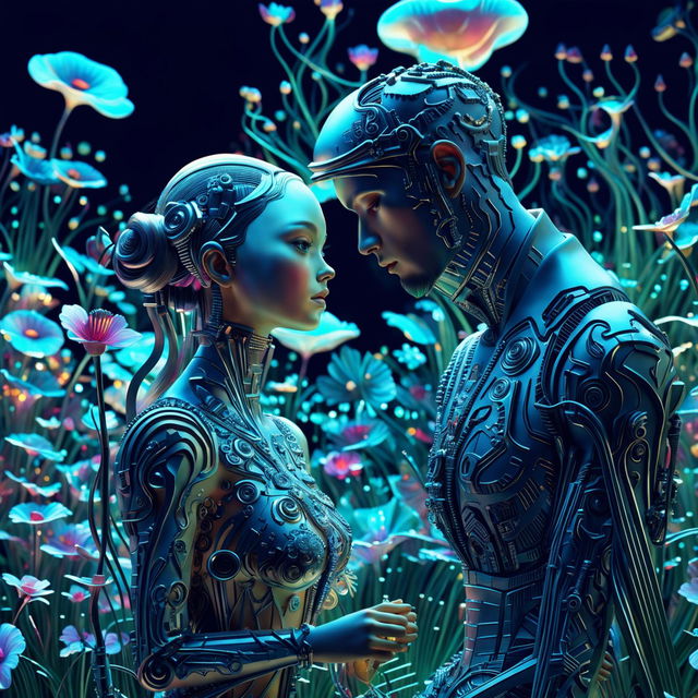 Hyper-realistic 3D rococo cyberpunk scene featuring an eerie robotic man and woman in a vibrant, mythical meadow filled with mechanical flowers and bioluminescent mushrooms. The image is a close-up, showcasing the intricate details of the characters and their surroundings.