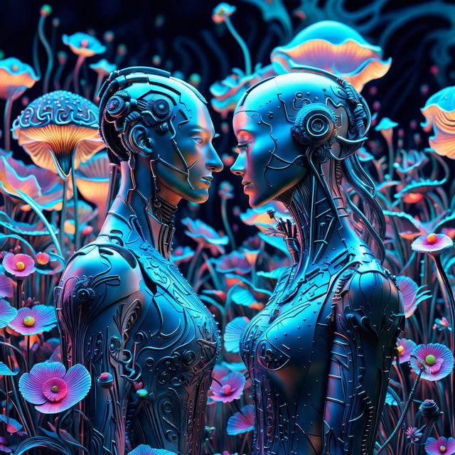 Hyper-realistic 3D rococo cyberpunk scene featuring an eerie robotic man and woman in a vibrant, mythical meadow filled with mechanical flowers and bioluminescent mushrooms. The image is a close-up, showcasing the intricate details of the characters and their surroundings.