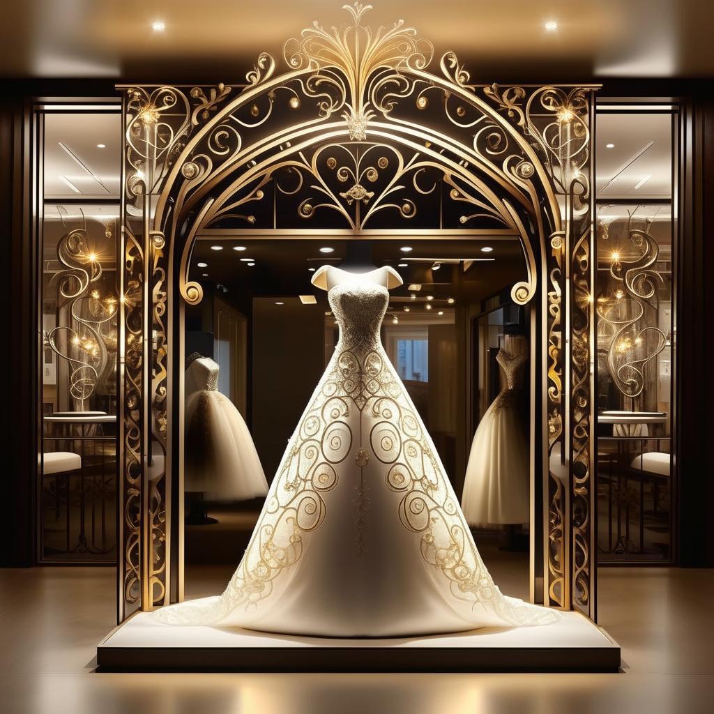 Elegant wedding dress storefront, 11x11 meters, with forged iron details, in white, black, and gold. Strong yellow lighting, with an intricate wedding dress design on the sign.