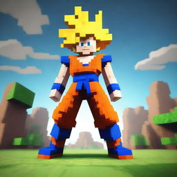 A captivating digital art image showcasing Goku from Dragonball Z, reimagined as a character in the blocky, pixelated style of Minecraft