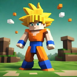 A captivating digital art image showcasing Goku from Dragonball Z, reimagined as a character in the blocky, pixelated style of Minecraft