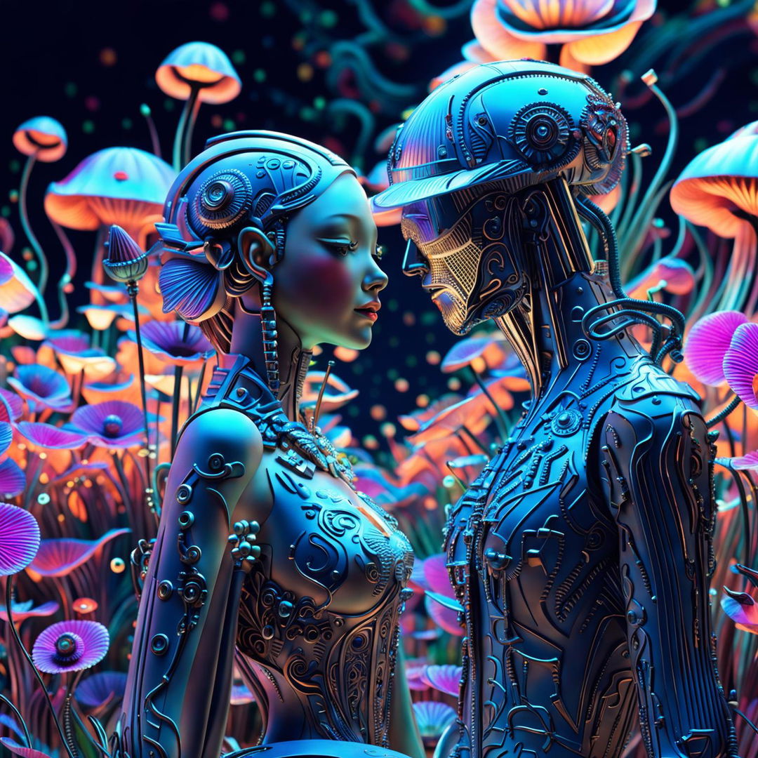 Hyper-realistic 3D rococo cyberpunk scene featuring an eerie robotic man and woman in a vibrant, mythical meadow filled with mechanical flowers and bioluminescent mushrooms. The image is a close-up, showcasing the intricate details of the characters and their surroundings.