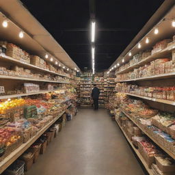 A lively mini market brimming with assorted goods on meticulously arranged shelves under bright lights.