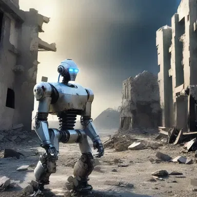 The robot stared grimly at the destruction caused by the intergalactic war.