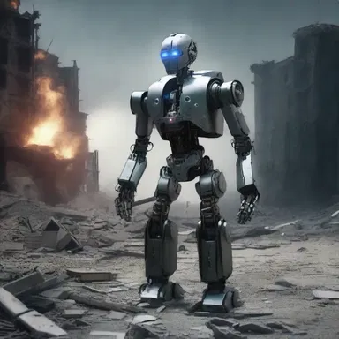 The robot stared grimly at the destruction caused by the intergalactic war.