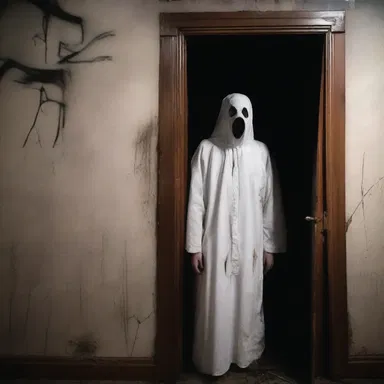 As the haunted house door creaked open, the visitors froze, their faces grimly reflecting their fear.