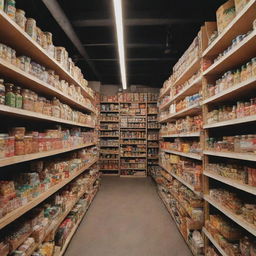 A lively mini market brimming with assorted goods on meticulously arranged shelves under bright lights.