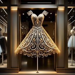 Elegant wedding dress storefront, 11x11 meters, with forged iron details, in white, black, and gold. Strong yellow lighting, with an intricate wedding dress design on the sign.