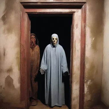 As the haunted house door creaked open, the visitors froze, their faces grimly reflecting their fear.