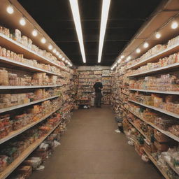 A lively mini market brimming with assorted goods on meticulously arranged shelves under bright lights.