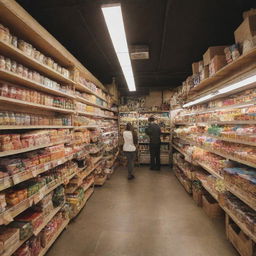 A lively mini market brimming with assorted goods on meticulously arranged shelves under bright lights.