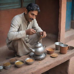 A chai wala, or tea seller, at the roadside. He pours steaming chai from a traditional metal teapot into a clay cup. There are spices, ginger, tea leaves on the wooden counter top.