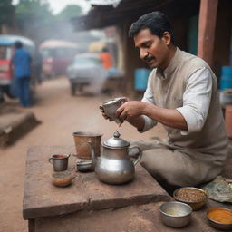 A chai wala, or tea seller, at the roadside. He pours steaming chai from a traditional metal teapot into a clay cup. There are spices, ginger, tea leaves on the wooden counter top.