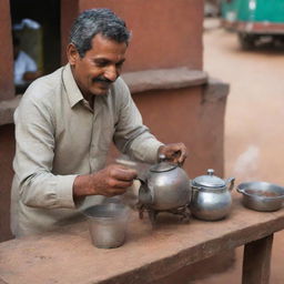 A chai wala, or tea seller, at the roadside. He pours steaming chai from a traditional metal teapot into a clay cup. There are spices, ginger, tea leaves on the wooden counter top.