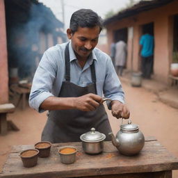 A chai wala, or tea seller, at the roadside. He pours steaming chai from a traditional metal teapot into a clay cup. There are spices, ginger, tea leaves on the wooden counter top.