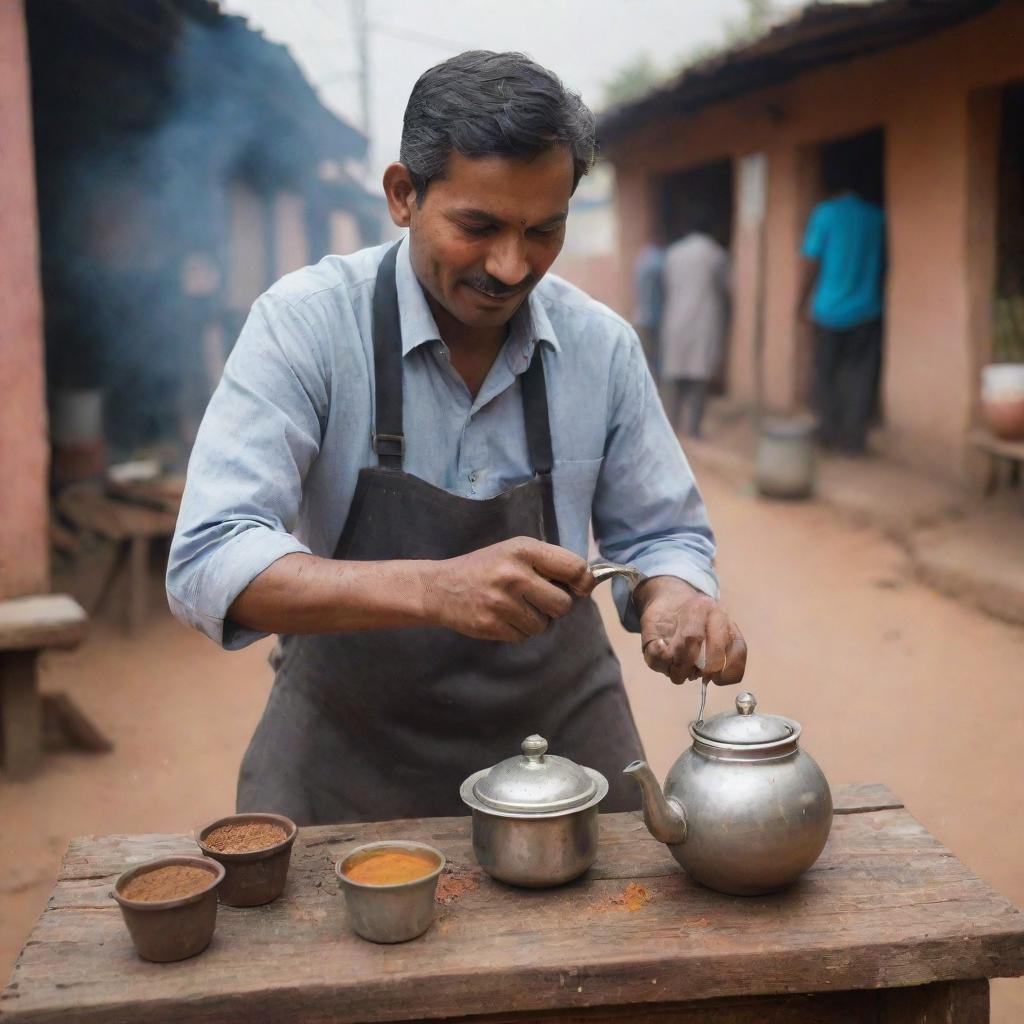 A chai wala, or tea seller, at the roadside. He pours steaming chai from a traditional metal teapot into a clay cup. There are spices, ginger, tea leaves on the wooden counter top.