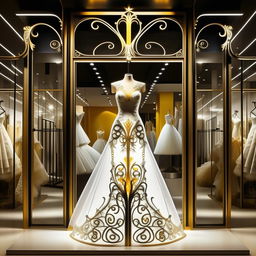 Elegant wedding dress storefront, 11x11 meters, with forged iron details, in white, black, and gold. Strong yellow lighting, with an intricate wedding dress design on the sign.