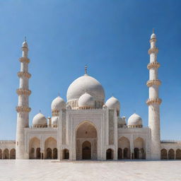 A magnificent masjid under a clear blue sky with finely detailed minarets, a large dome, and intricate geometric patterns, all expressing Islamic architectural beauty.