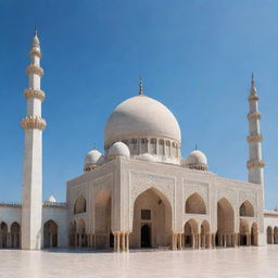 A magnificent masjid under a clear blue sky with finely detailed minarets, a large dome, and intricate geometric patterns, all expressing Islamic architectural beauty.