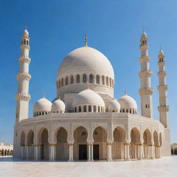 A magnificent masjid under a clear blue sky with finely detailed minarets, a large dome, and intricate geometric patterns, all expressing Islamic architectural beauty.