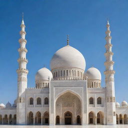 A magnificent masjid under a clear blue sky with finely detailed minarets, a large dome, and intricate geometric patterns, all expressing Islamic architectural beauty.