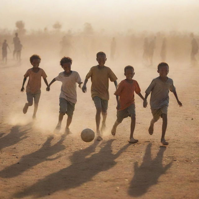 A group of Ethiopian children joyfully playing football on a dusty field, with the setting sun casting long shadows.