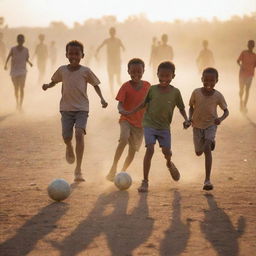 A group of Ethiopian children joyfully playing football on a dusty field, with the setting sun casting long shadows.