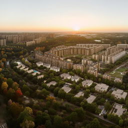 Aerial view of a residential area with dimensions 40 by 11, detailed landscaping, diverse architecture, vibrant community vibe, during the golden hour.