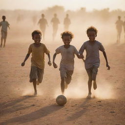 A group of Ethiopian children joyfully playing football on a dusty field, with the setting sun casting long shadows.