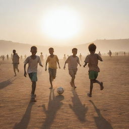 A group of Ethiopian children joyfully playing football on a dusty field, with the setting sun casting long shadows.