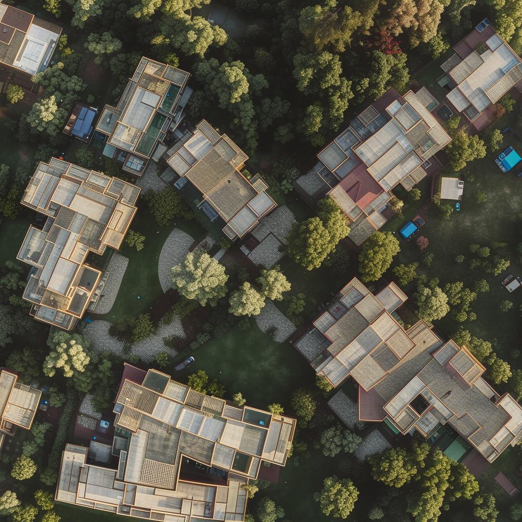 Aerial view of a residential area with dimensions 40 by 11, detailed landscaping, diverse architecture, vibrant community vibe, during the golden hour.