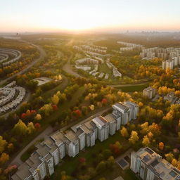 Aerial view of a residential area with dimensions 40 by 11, detailed landscaping, diverse architecture, vibrant community vibe, during the golden hour.