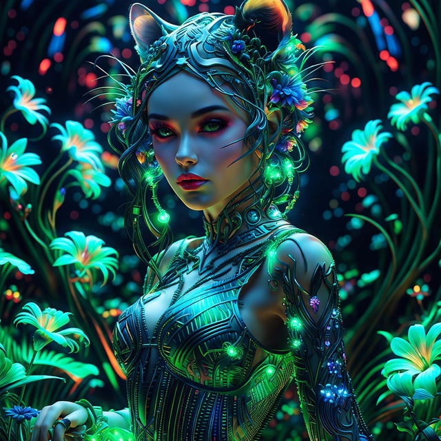 A close-up, hyper-realistic 3D photograph of a Rococo-inspired cyberpunk cat woman with pronounced feline features. She is surrounded by a fantasy aesthetic of bioluminescent flowers, vibrant colours, and stunning lighting effects.