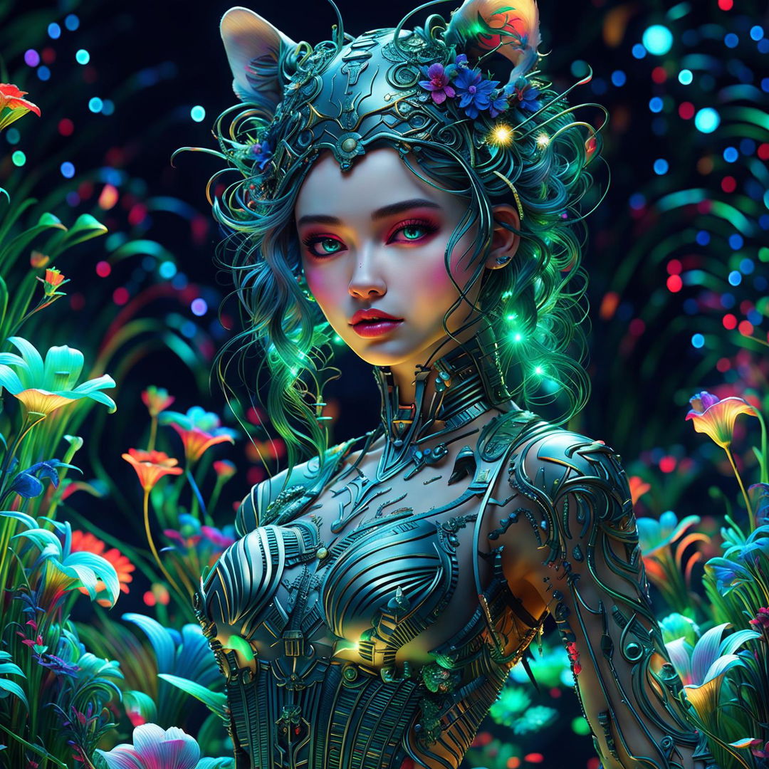 A close-up, hyper-realistic 3D photograph of a Rococo-inspired cyberpunk cat woman with pronounced feline features. She is surrounded by a fantasy aesthetic of bioluminescent flowers, vibrant colours, and stunning lighting effects.