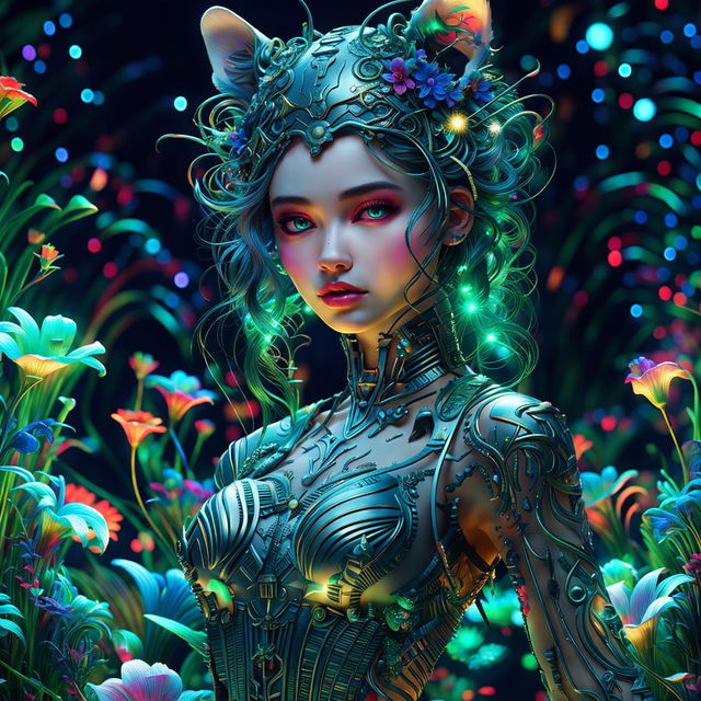 A close-up, hyper-realistic 3D photograph of a Rococo-inspired cyberpunk cat woman with pronounced feline features. She is surrounded by a fantasy aesthetic of bioluminescent flowers, vibrant colours, and stunning lighting effects.