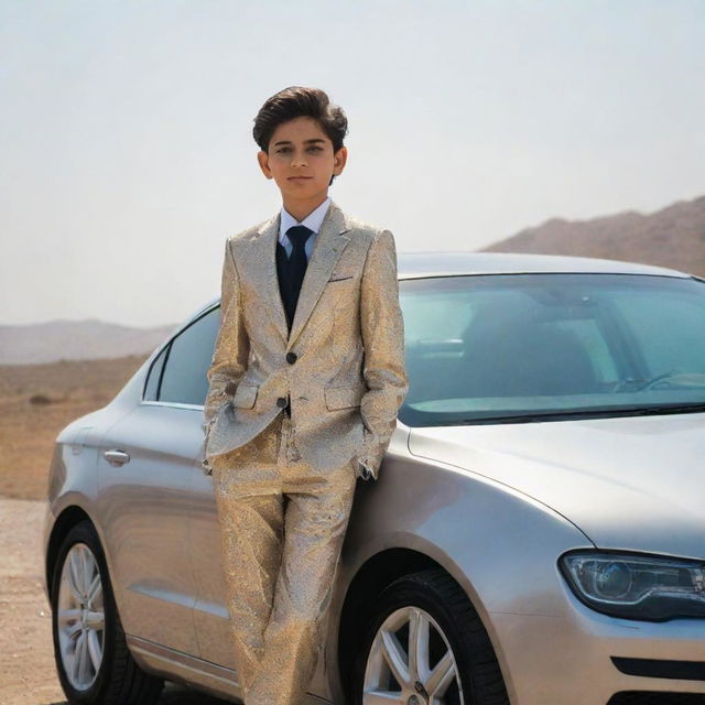 A stylishly dressed boy named Mehran standing proudly next to a shiny, luxury car under the open sky.