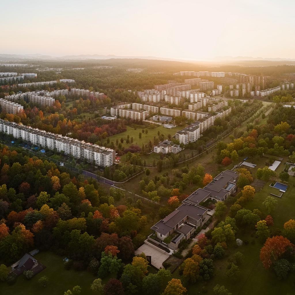 Aerial view of a residential area with dimensions 40 by 11, detailed landscaping, diverse architecture, vibrant community vibe, during the golden hour.