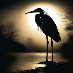 A digital art image of highest quality capturing a heron standing bravely in the darkness, its majestic silhouette illuminated by the bright, piercing lights of an oncoming train